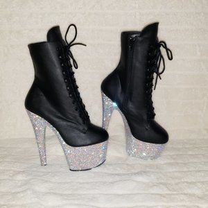 Rhinestone 7" Heel Platform Lace up Ankle Boots Bejeweled